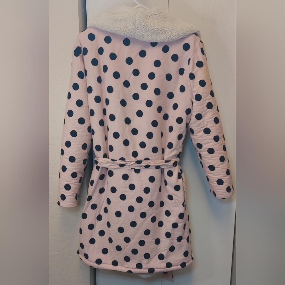 Boden Fuzzy Dressing Gown Robe Size Medium Polka-dot Pink Black Cozy Comfy Warm - Picture 12 of 13
